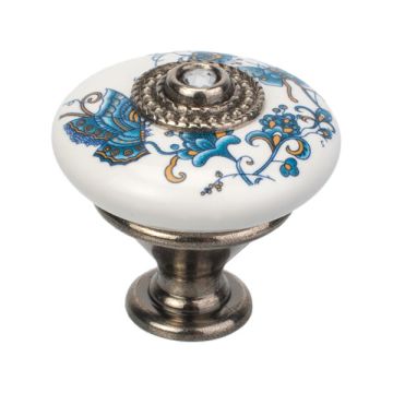 Möbelknopf "Taza" Porzellan Weiß / Altsilberfärbig / Blau
